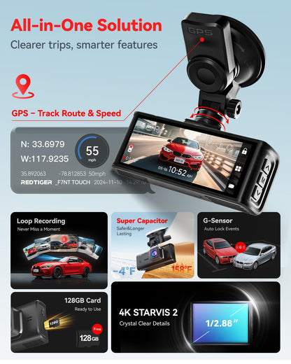 Onboard camera — 4K front and rear with voice control and touch screen