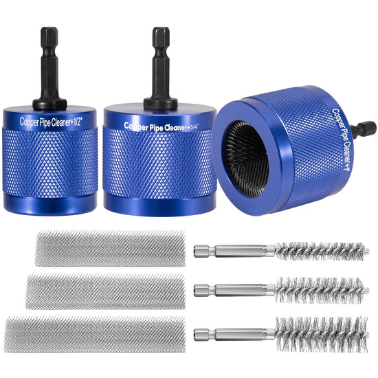 DDayuanwei 1/2" & 3/4" & 1" Copper Pipe Cleaner for Drill, with 1/4 Hex Shank & 3 Stainless Steel Wire Brushe, for Cleaning Rust, Stains, Paint on Copper Pipes and Various Metal Pipes(Blue)