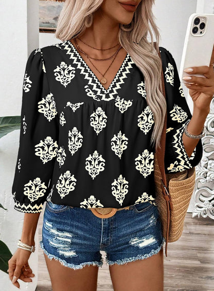 SHEWIN women's chiffon blouse with floral print and v neck design in boho style