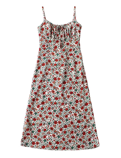 Omoone womens floral dress - low-cut square neck with spaghetti straps and tie detail