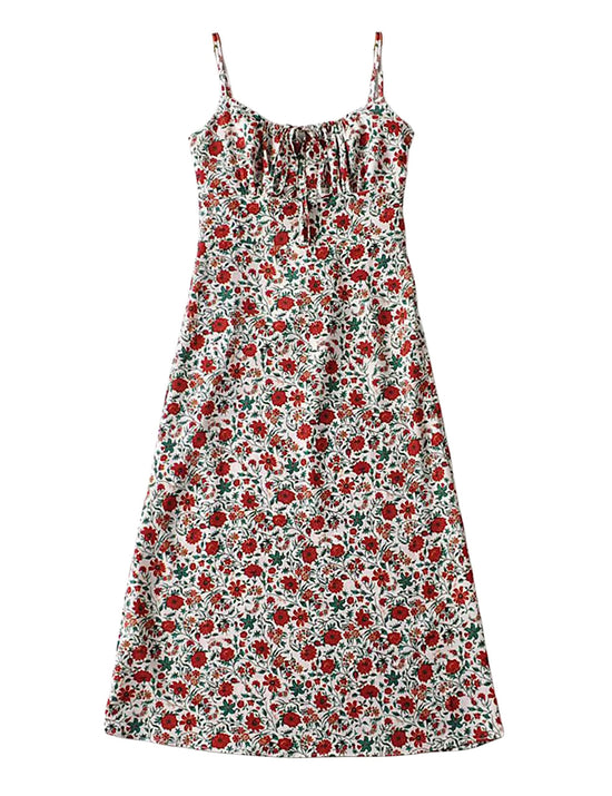 Omoone womens floral dress - low-cut square neck with spaghetti straps and tie detail