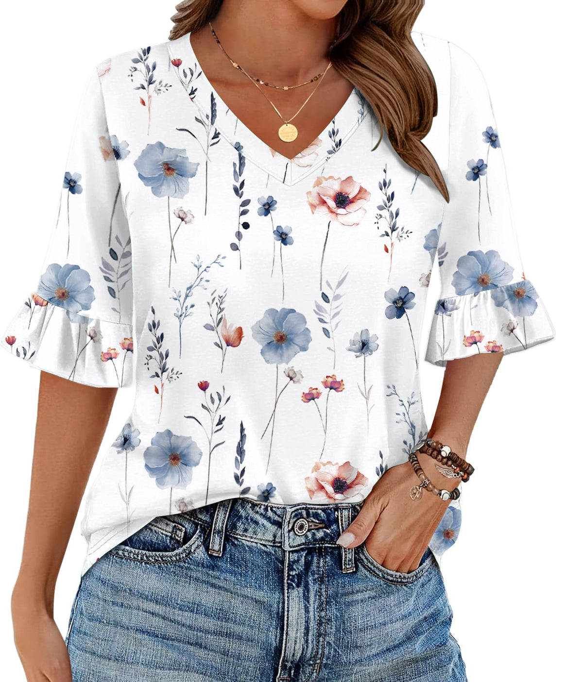 Zeagoo shirt — Casual v neck floral blouse with ruffle tunics 3/4 sleeve