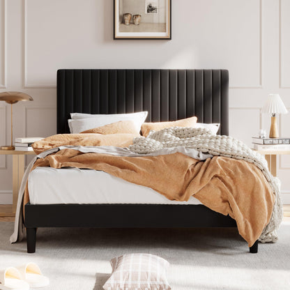 Bed frame — Upholstered platform with adjustable headboard and velvet fabric