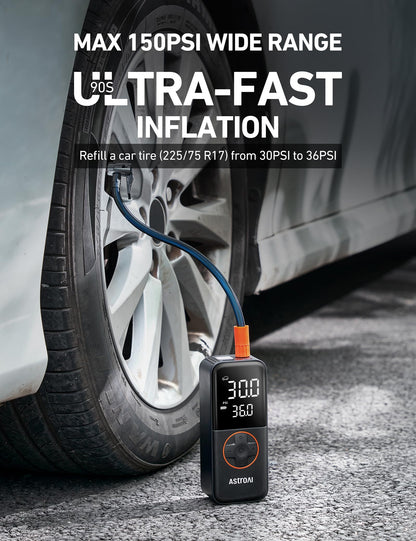 AstroAI L4 Tire Inflator Portable Air Compressor, 150PSI Portable Air Pump for Car Tires with Pressure Gauge LED Light, Electric Air Pump Quick Inflation for Cars, Motorcycles, Bikes, Tires, Balls