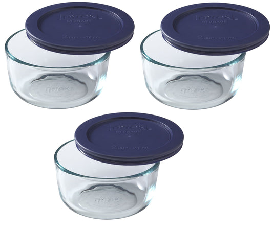 Pyrex storage container — round dish with dark blue cover, 2-cup pack of 3