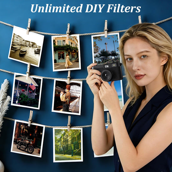Screen Free Digital Camera, Reusable 12MP Vintage Digital Camera with Unlimited DIY Filters, OTG Support and Flash Light for Summer Camp with 8GB Micro SD Card, OTG Adapter and Type-C Cable（Black）