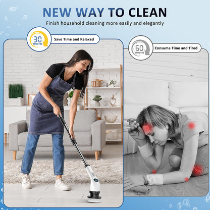 Cleaning brush — Waterproof cordless power scrubber with adjustable handle and 7 heads