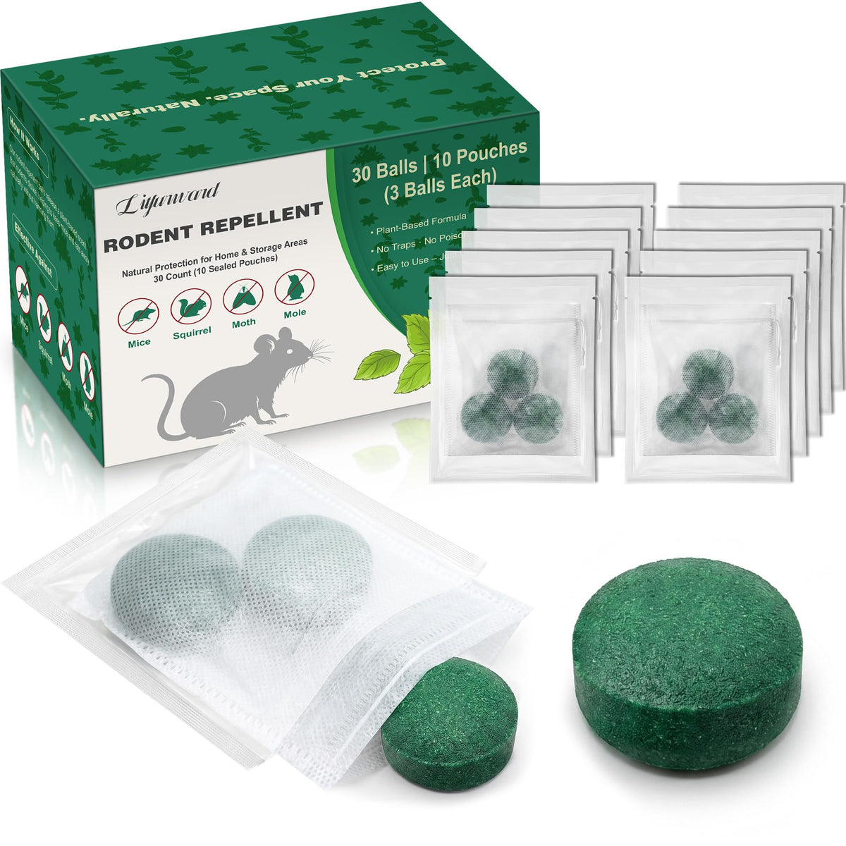 Rodent Repellent Peppermint Oil Balls, Rodent and Mice Repellent Balls (30 Balls Total), Plant-Based Essential Oil Blend, No-Touch Sealed Sachets for Indoor Use