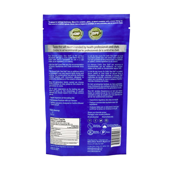 Fine ground Celtic sea salt — fine ground texture and flavor enhancement.