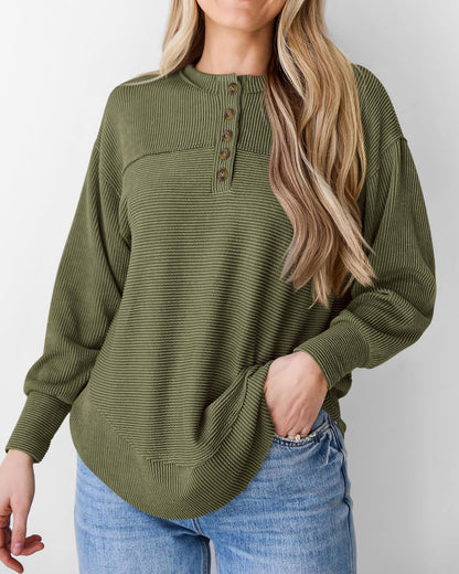 KIRUNDO shirt — casual ribbed knit long sleeve button v neck blouse for women
