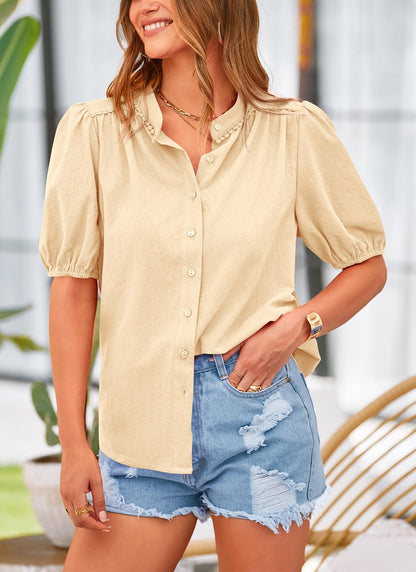 PRETTYGARDEN shirt with button down design and short lantern sleeves