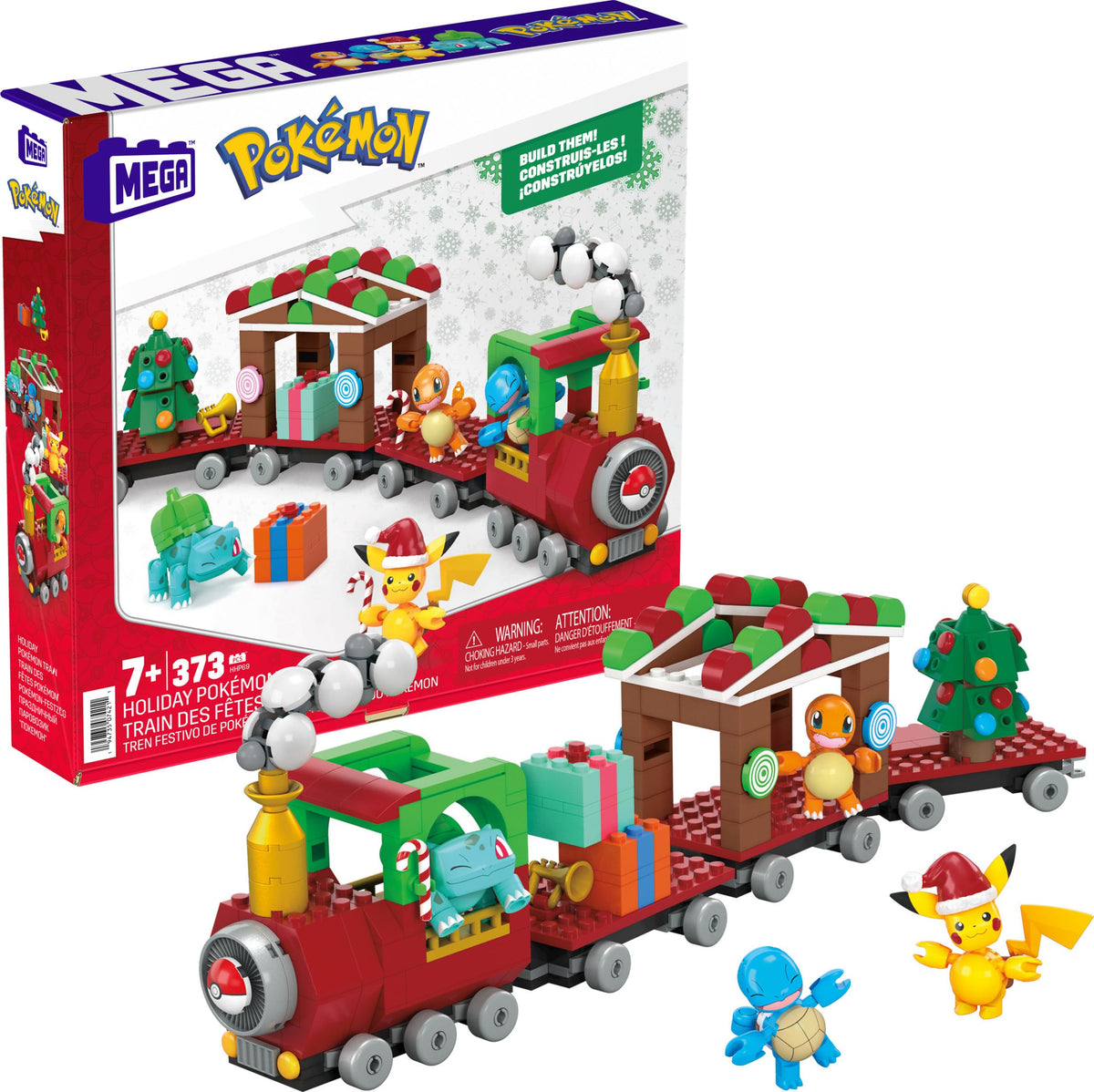 Toy building block set — Pokemon holiday train with 373 pieces and 4 characters