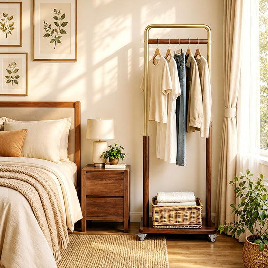 Taitiy clothes rack — Solid wood and metal combination with wheels for easy mobility