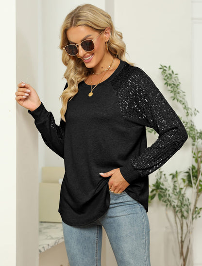 Shirt — Women's sequin long sleeve crewneck top with loose fit