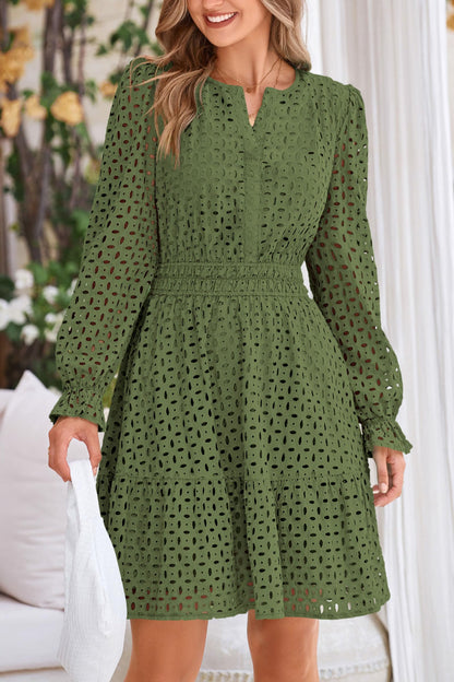 Dress — Long sleeve eyelet v neck A line holiday wedding guest dress