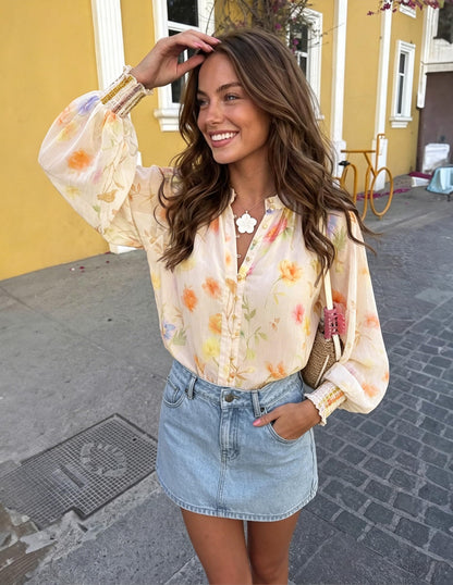 Shirt — Floral print long sleeve button down blouse by ZESICA