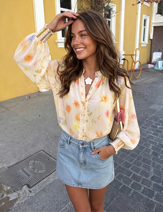 Shirt — Floral print long sleeve button down blouse by ZESICA