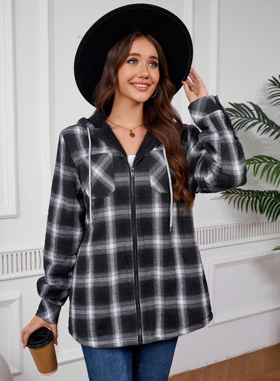 Puhope women's sherpa lined coat — fleece zip up with flannel plaid design