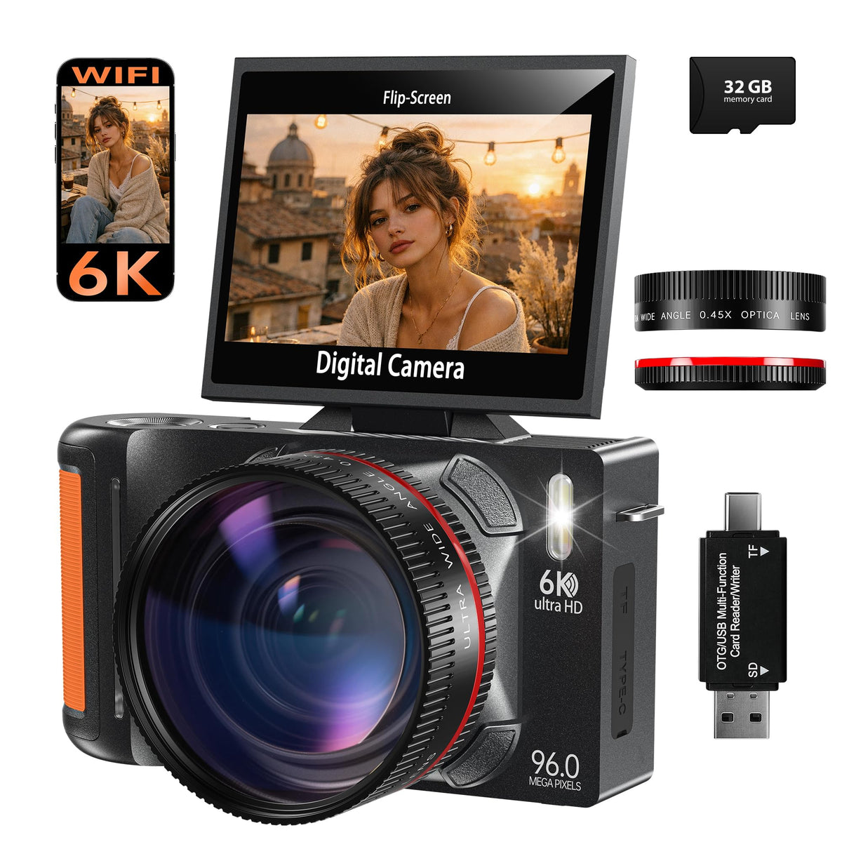 6K 96MP Flip Screen Digital Camera for Photography, WiFi, Dual Lens