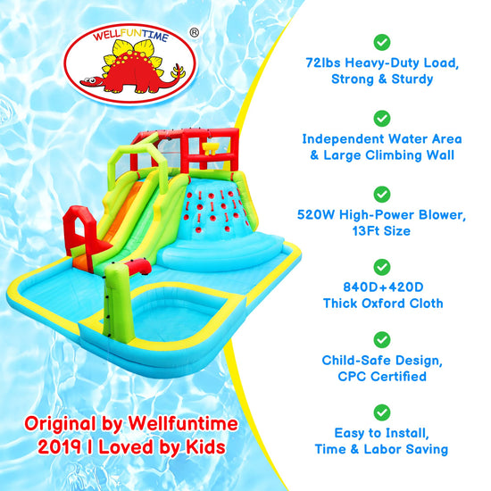 WELLFUNTIME inflatable bouncer — water slide park with deep pool and air blower