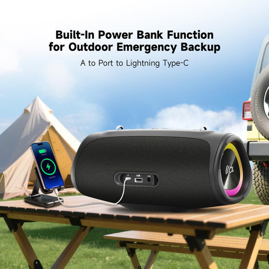 TAZATA portable loud Bluetooth speaker with large subwoofer and powerbank function.