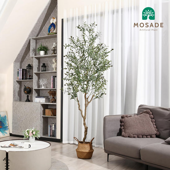 MOSADE artificial olive tree - handmade seagrass basket with artificial flowers