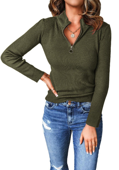 Sweater — Spring quarter zip collared design for women by PRETTYGARDEN