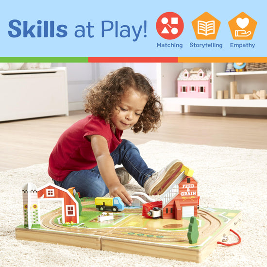 Melissa & Doug wooden take-along tabletop farm with vehicles and play pieces for toddlers 1+