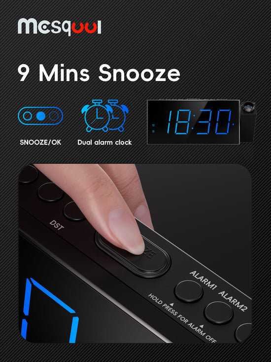 Digital projection alarm clock — 180° rotatable projector with USB charger and dual alarms