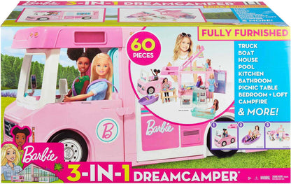 Toy figure playset — Barbie 3-in-1 dreamcamper with pool set and transforming design