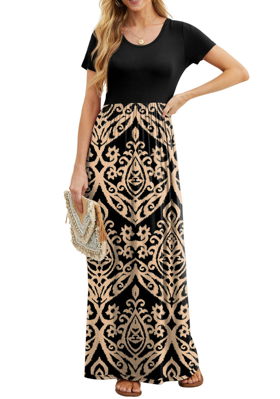 GRECERELLE summer maxi dress with pockets and short sleeves, size S-3XL