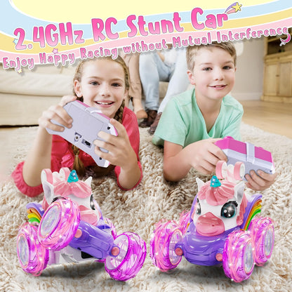 Kikikid Unicorn remote control car — 360° rotating 4WD stunt vehicle with lights and rechargeable battery.