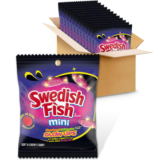 SWEDISH FISH mini glow ups - Strawberry-watermelon gummy candy, 12 bags