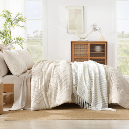 Litanika Boho Chevron Tufted Bedding Comforter Set, 3 Pieces Farmhouse Shabby Chic Textured Bed Set