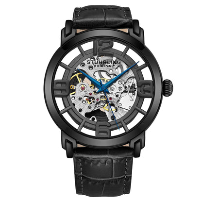 Stührling Original men's skeleton automatic watch — stainless steel case with leather strap