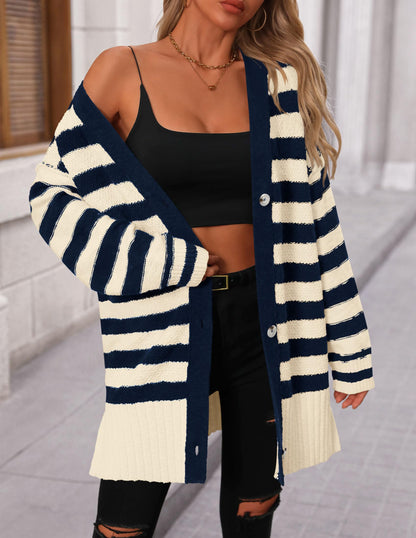 PRETTYGARDEN sweater - Oversized striped cardigan with button down front and long sleeves