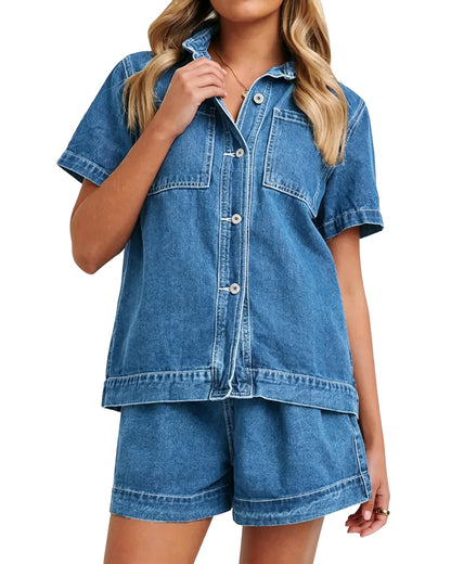 Kedera coordinated outfit — summer denim set with short sleeve boxy shirt and shorts pants