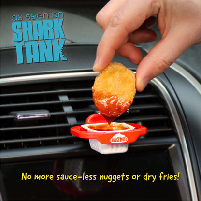 Saucemoto dip clip — in-car sauce holder for ketchup and dipping sauces