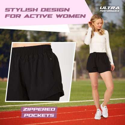 Womens running shorts — nylon compression with liner, pack of 2
