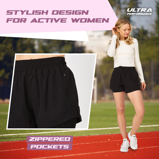 Womens running shorts — nylon compression with liner, pack of 2