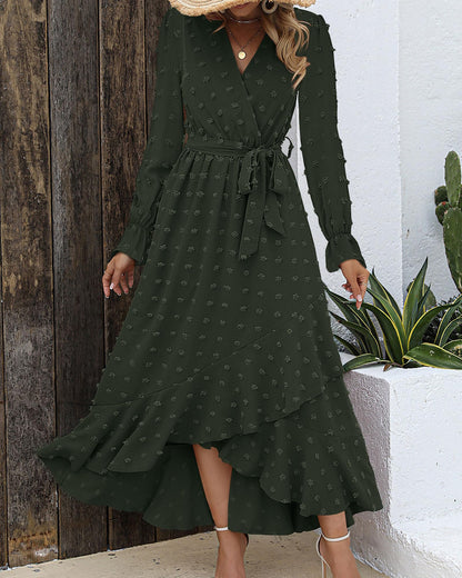 BTFBM long sleeve maxi dress — Swiss dot boho style with flowy slit