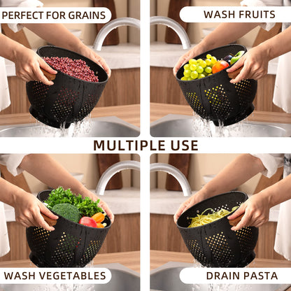 Food strainer — Metal colander with wood handle and stable base for draining pasta and vegetables