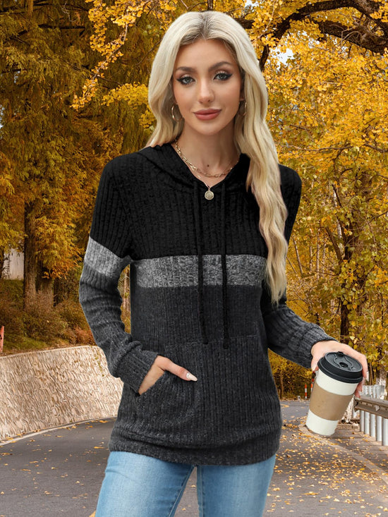 MixShe women’s color block knit hoodie — casual long sleeve pullover with pocket