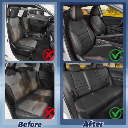 HKZ Elantra seat covers — custom fit leather full set in black and red for Hyundai Elantra 2021-2026 SE/SEL/SEL Sport & Hybrid with rear bench and fixed headrests.
