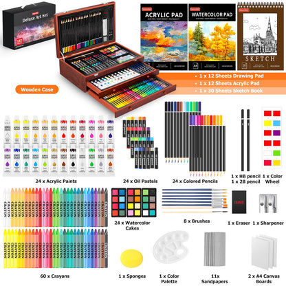 Soucolor art supplies deluxe art kit with acrylic and watercolor pads and canvases