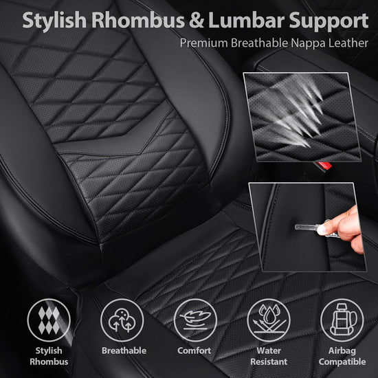 CAR PASS Luxury Nappa Leather Seat Covers Full Set, Water Resistant Faux Leather Seat Covers with Lumbar Support, Comfortable Automotive Seat Covers Universal Fit for SUV Sedan Van Truck, Solid Black