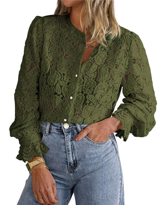 PRETTYGARDEN shirt — lace long sleeve button up blouse for women in spring and fall fashion