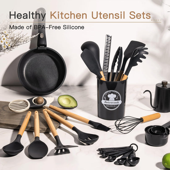 Food spatula — 39 piece silicone cooking utensils set with wooden handle by Astercook