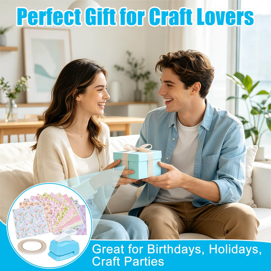 Myfivo hole punch — 1 inch rectangular postage stamp puncher with decorative paper for crafting projects
