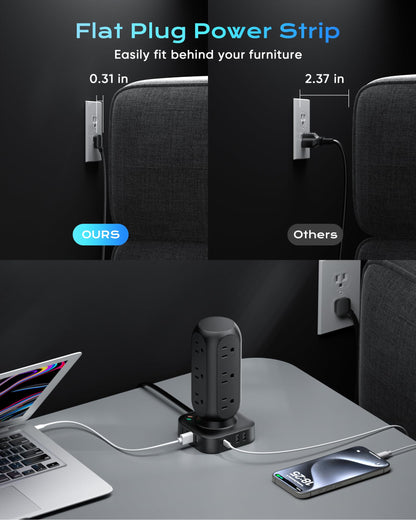 TenTrend power strip — flat plug with 12 AC outlets and 8 USB ports (4 USB-C)